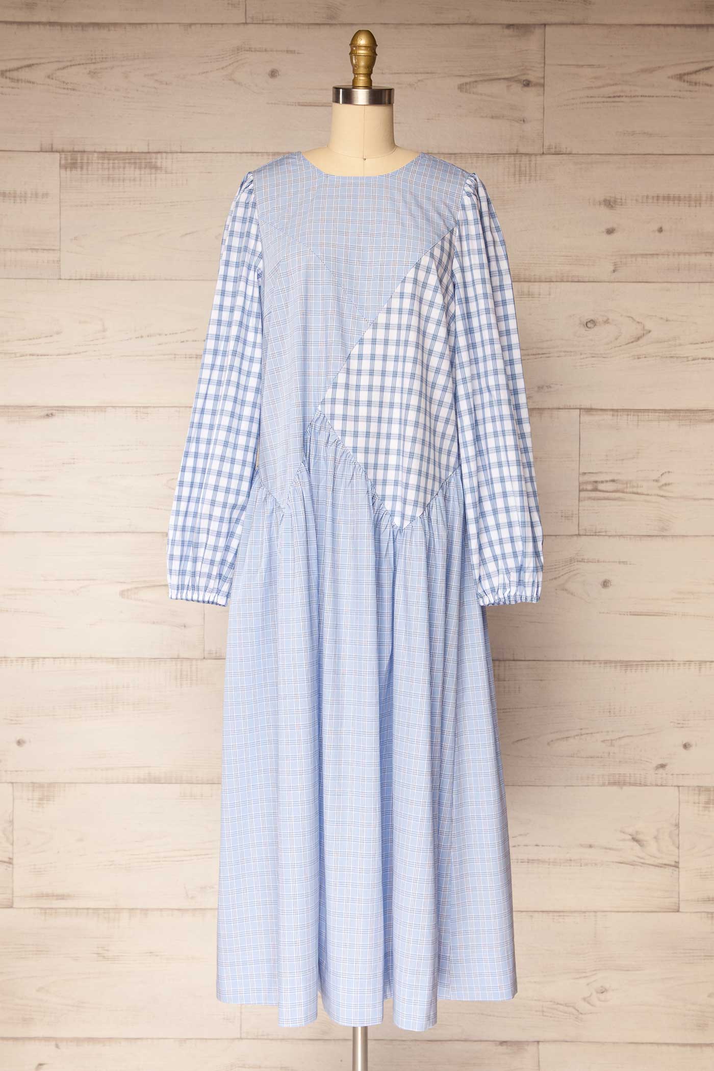 Mahaicony | Blue Long Sleeve Gingham Patchwork Maxi Dress