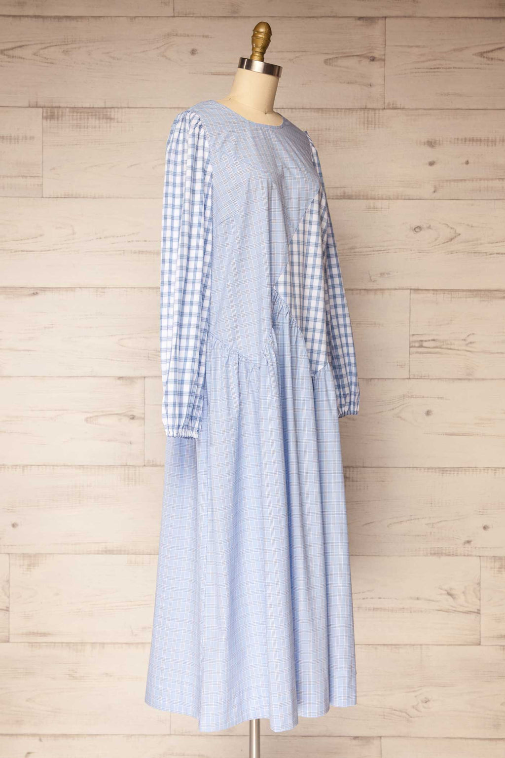 Mahaicony | Blue Long Sleeve Gingham Patchwork Maxi Dress