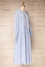 Mahaicony | Blue Long Sleeve Gingham Patchwork Maxi Dress