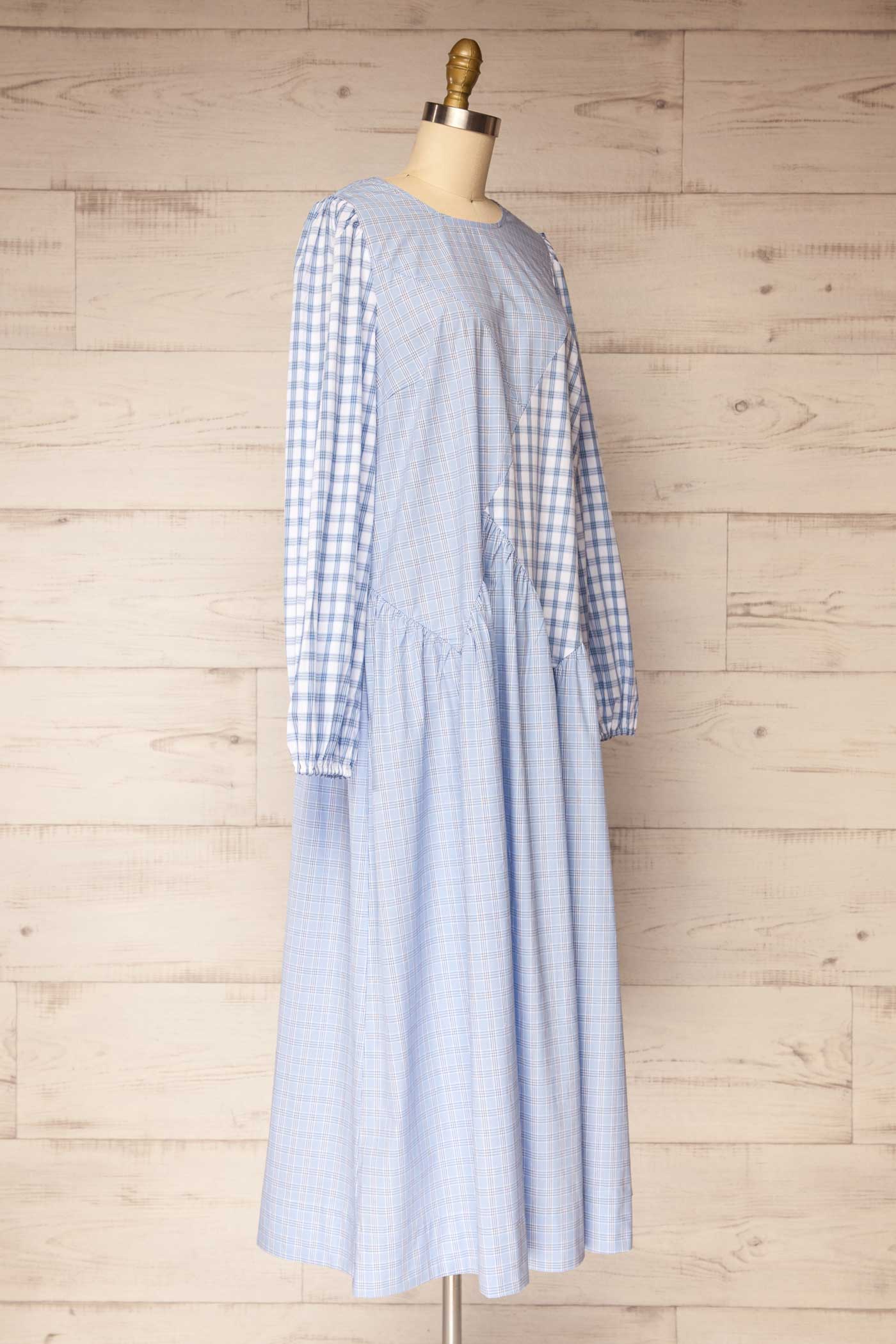 Mahaicony | Blue Long Sleeve Gingham Patchwork Maxi Dress