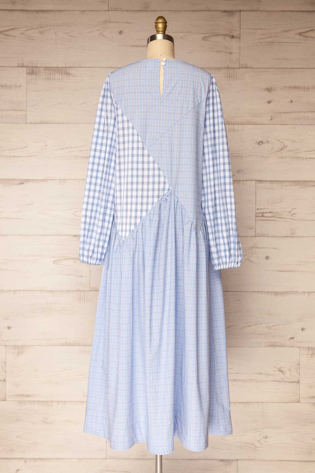 Mahaicony | Blue Long Sleeve Gingham Patchwork Maxi Dress