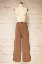 Mallarie | Brown High-Waisted Straight-Leg Denim Pants with Raw Hem