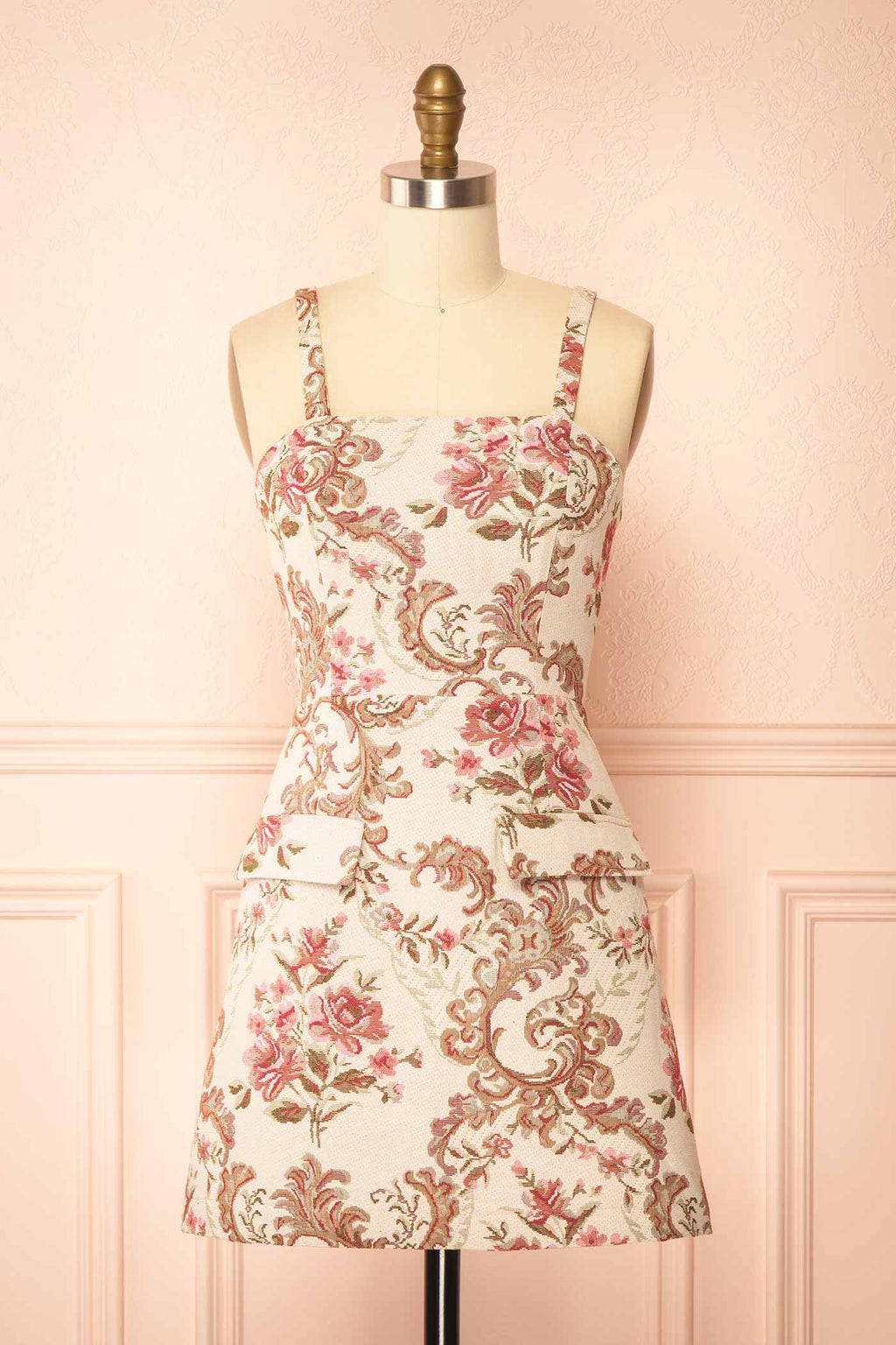 Mikela | Ivory Floral Jacquard Mini Dress with Pockets