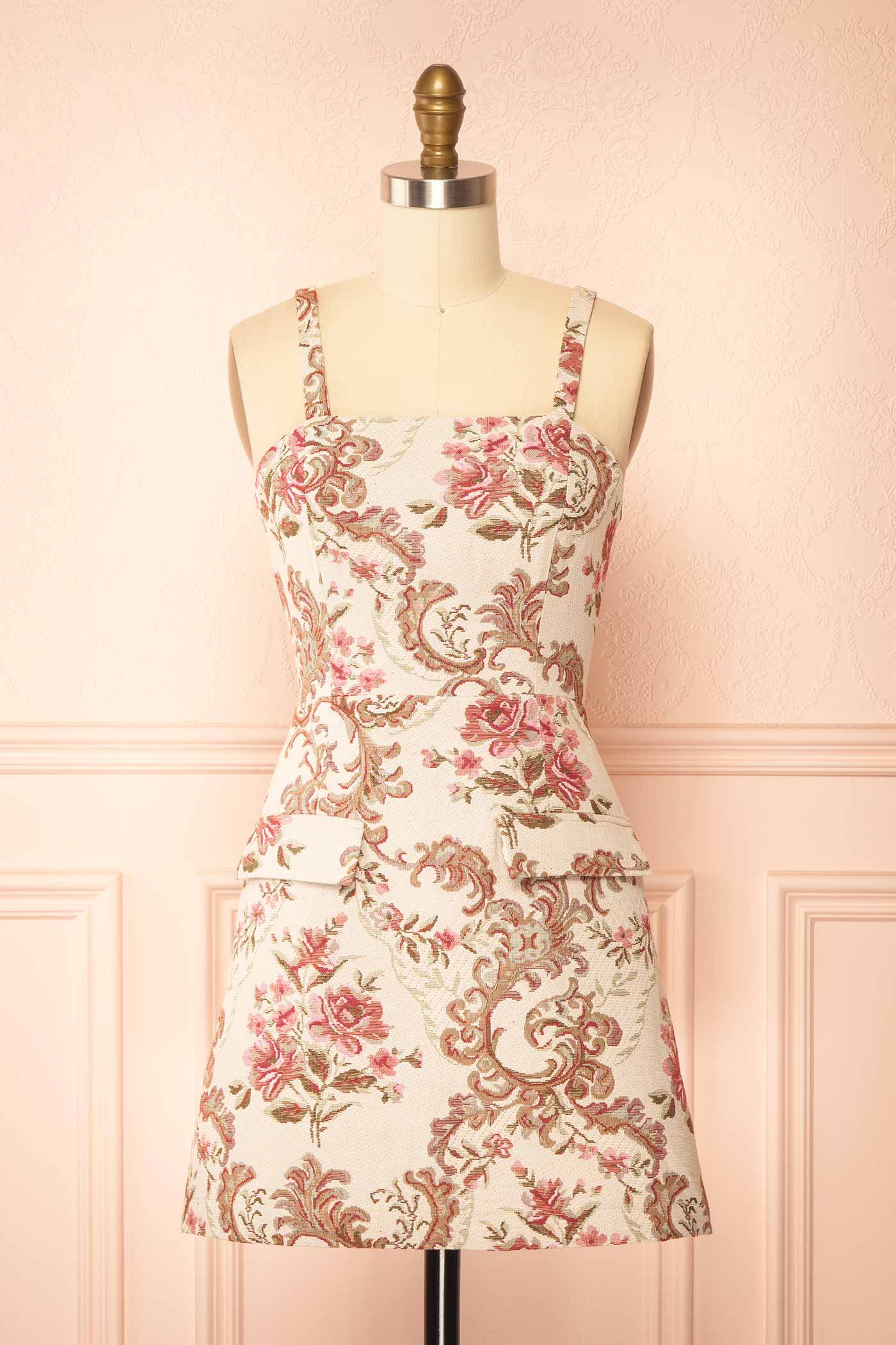 Mikela | Ivory Floral Jacquard Mini Dress with Pockets