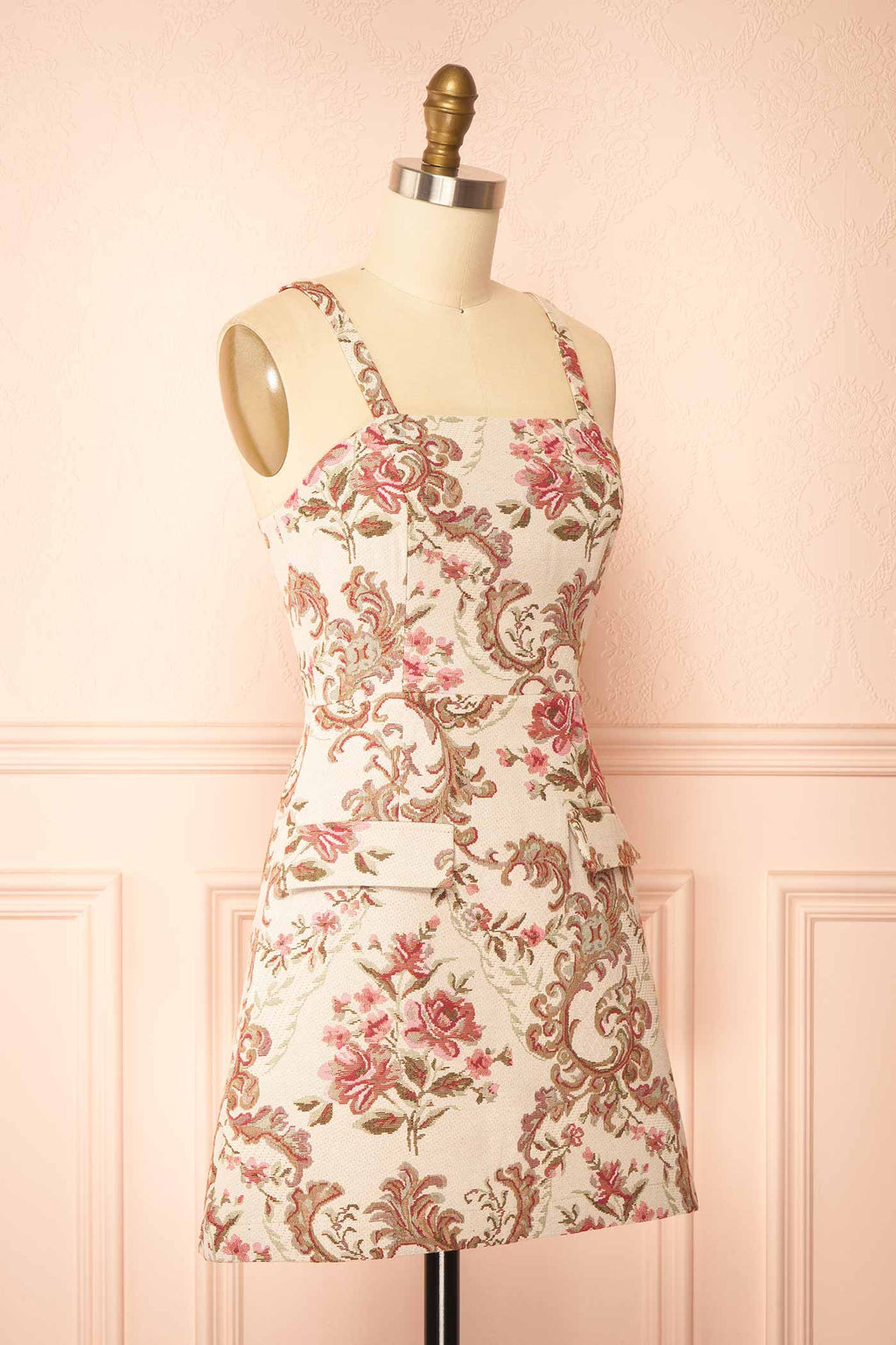 Mikela | Ivory Floral Jacquard Mini Dress with Pockets