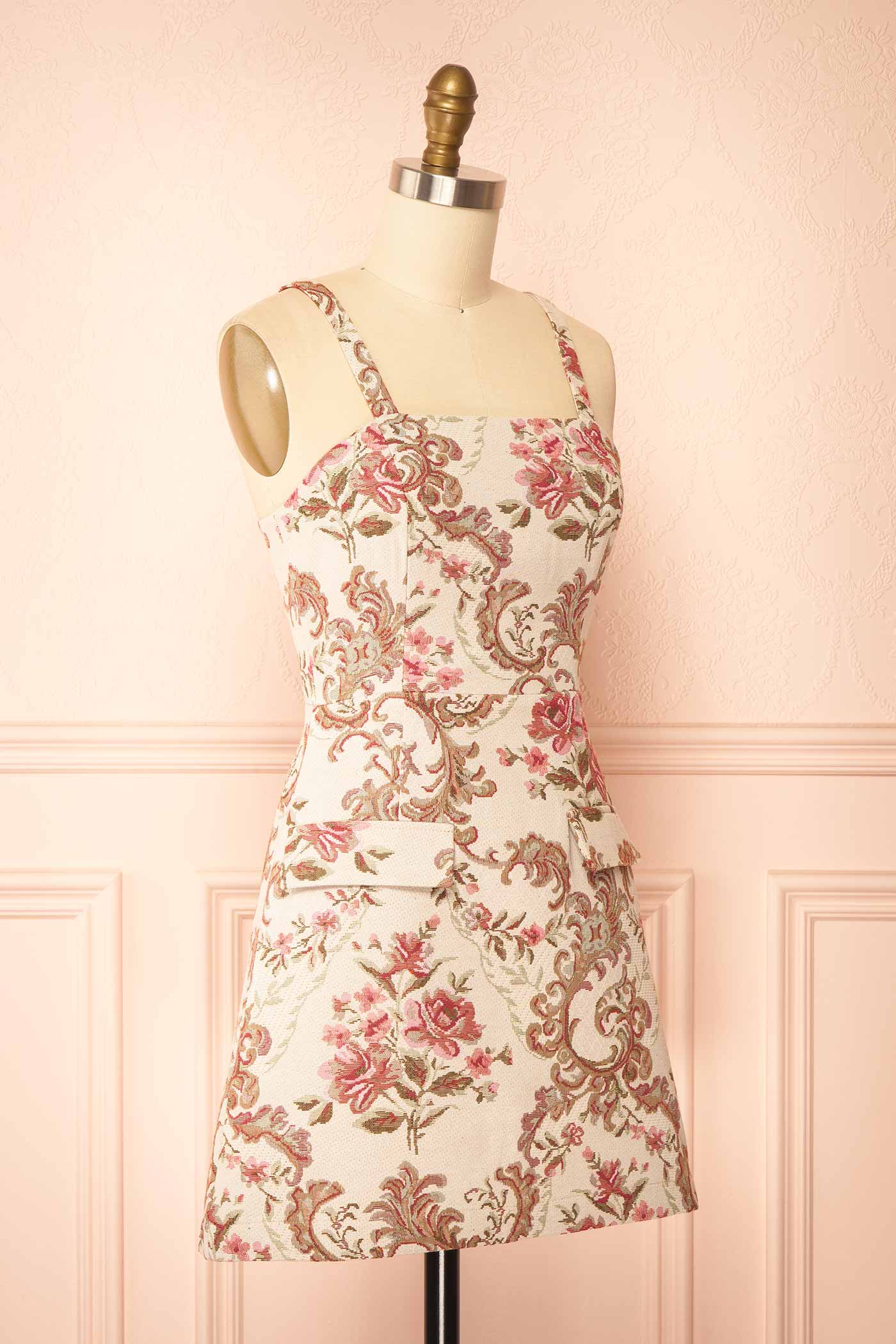 Mikela | Ivory Floral Jacquard Mini Dress with Pockets