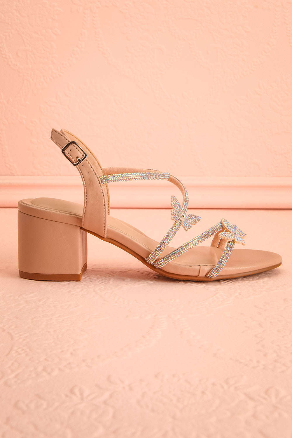 Mishy Beige | Block Heel Sandals with Butterfly Accents