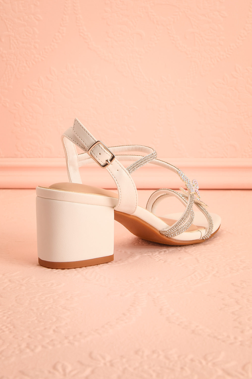 Mishy White | Block Heel Sandals with Butterfly Accents