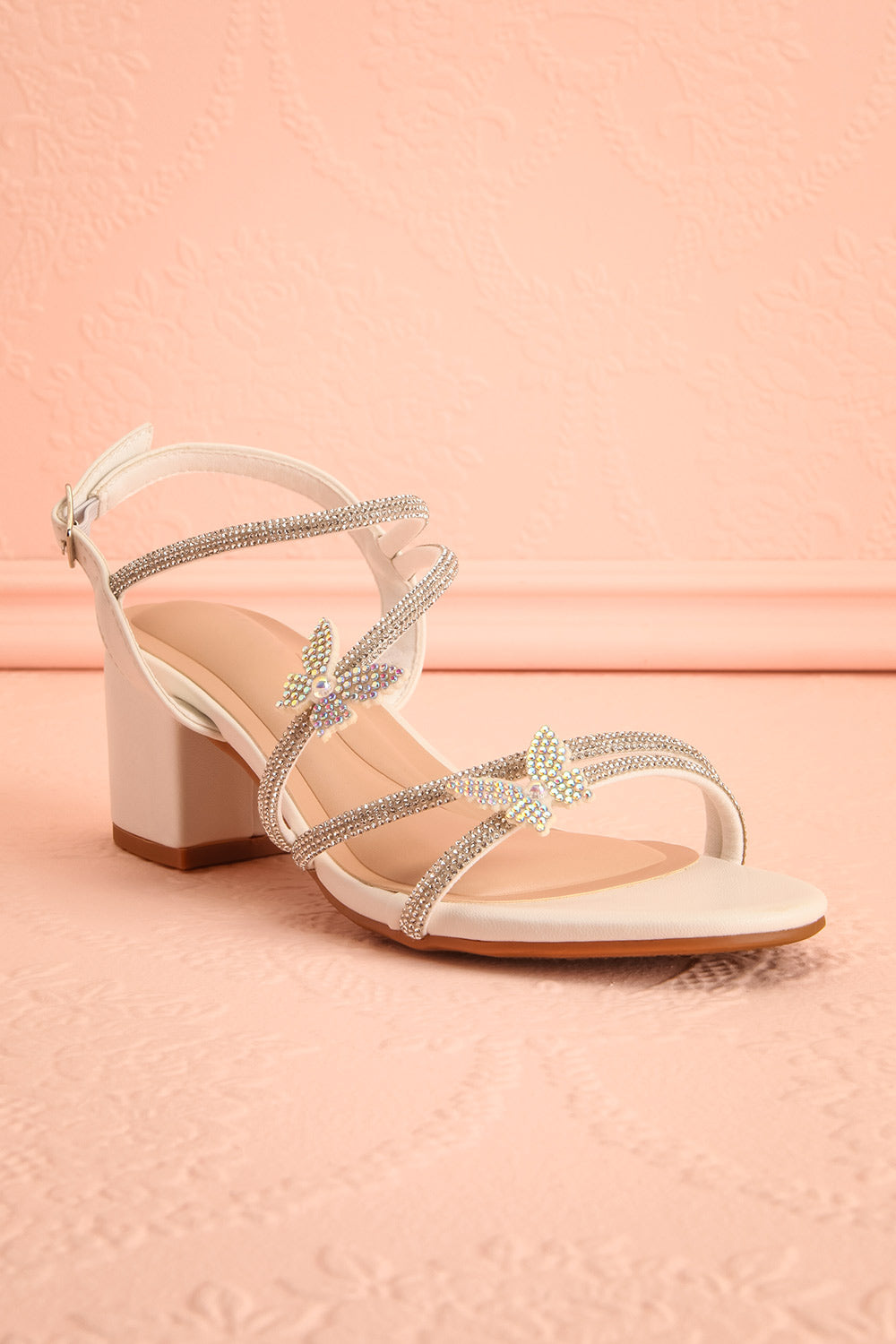 Mishy White | Block Heel Sandals with Butterfly Accents