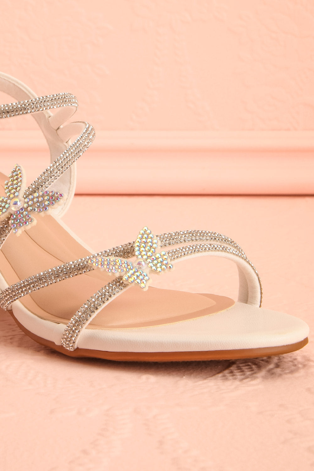 Mishy White | Block Heel Sandals with Butterfly Accents
