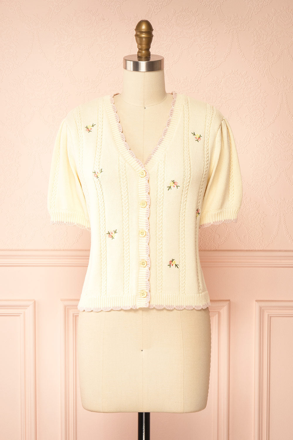 Sanae | Cream Floral Embroidered Scallop Edge Knit Cardigan