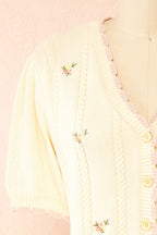 Sanae | Cream Floral Embroidered Scallop Edge Knit Cardigan
