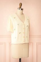 Sanae | Cream Floral Embroidered Scallop Edge Knit Cardigan