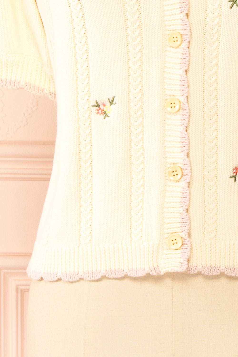 Sanae | Cream Floral Embroidered Scallop Edge Knit Cardigan