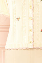 Sanae | Cream Floral Embroidered Scallop Edge Knit Cardigan