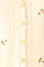 Sanae | Cream Floral Embroidered Scallop Edge Knit Cardigan