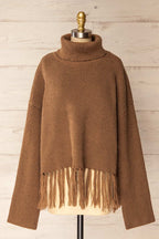 Sauzon Caramel | Oversized Turtleneck Sweater with Fringes