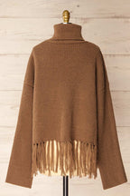 Sauzon Caramel | Oversized Turtleneck Sweater with Fringes