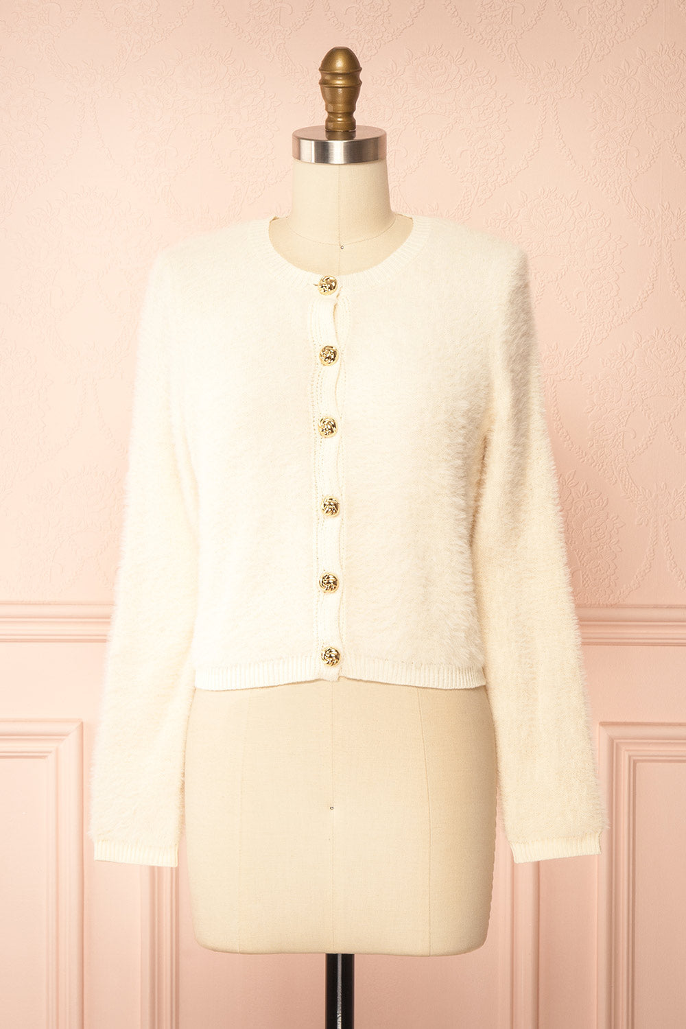 Shawna | Ivory Fuzzy Knit Cardigan with Gold Buttons