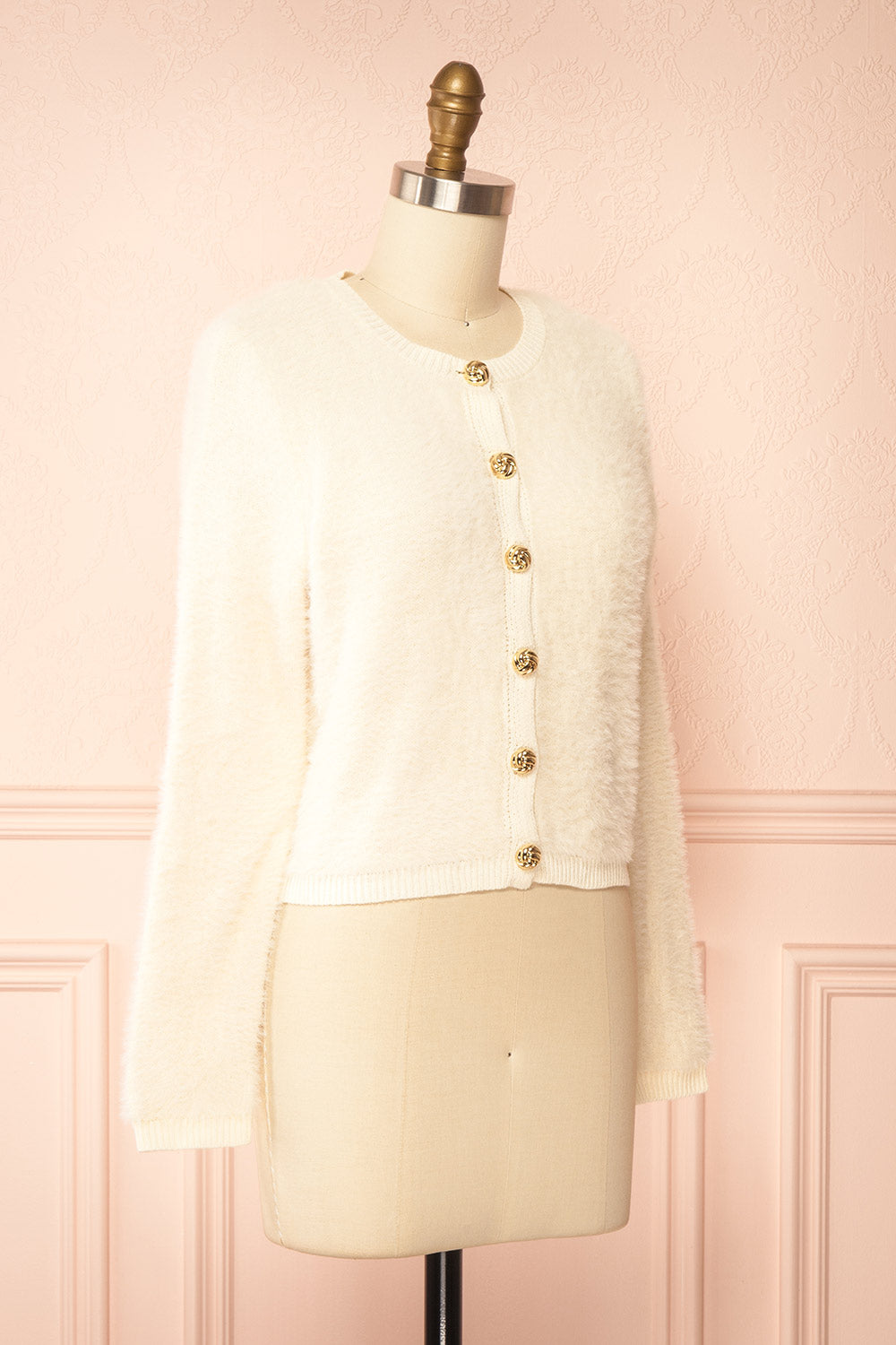 Shawna | Ivory Fuzzy Knit Cardigan with Gold Buttons