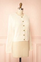 Shawna | Ivory Fuzzy Knit Cardigan with Gold Buttons