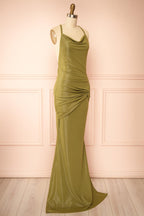 Siham Khaki | Shimmering Maxi Dress with Open Back