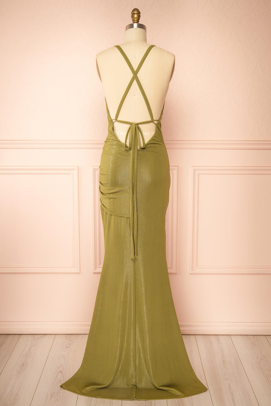 Siham Khaki | Shimmering Maxi Dress with Open Back