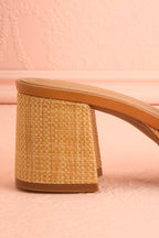 Tahis | Brown Wide Block Heeled Sandals with Raffia