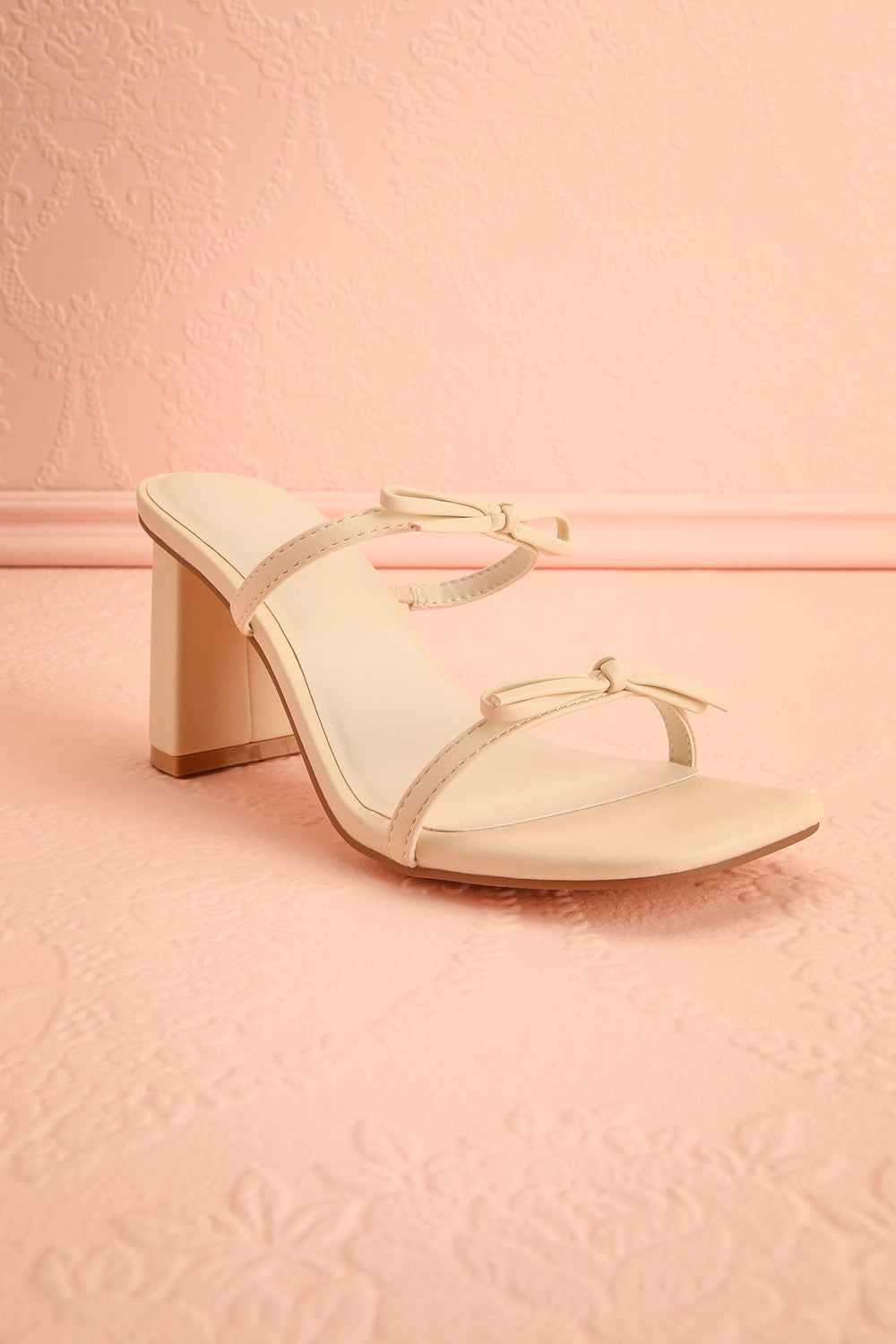 Wendie | Ivory Square-Toe Block Heels with Bow Detail
