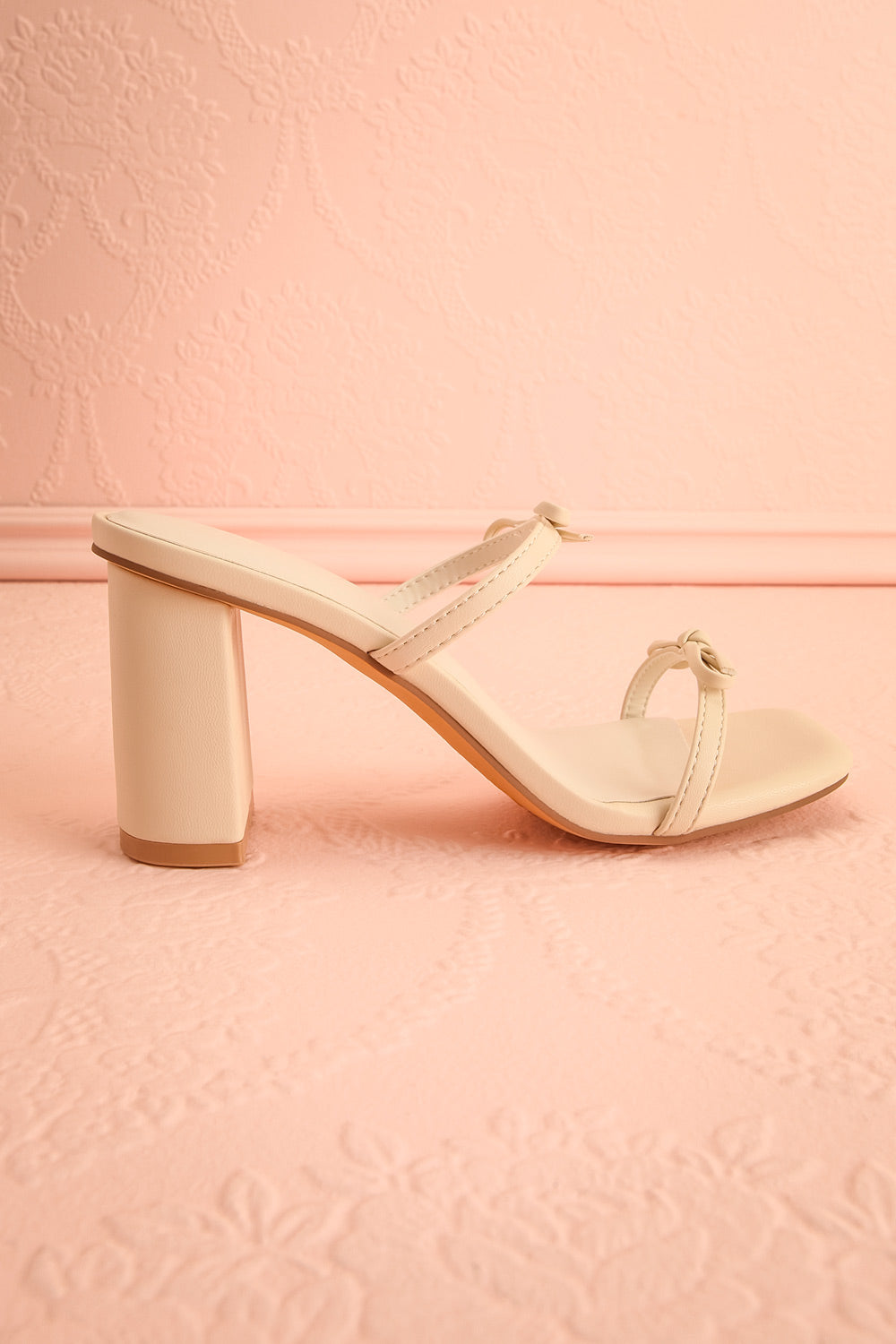Wendie | Ivory Square-Toe Block Heels with Bow Detail
