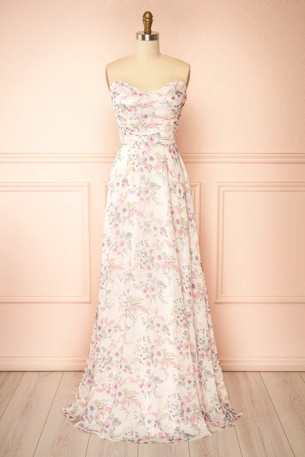Yujun Pink | Maxi Floral with Sweetheart Neckline and Scarf